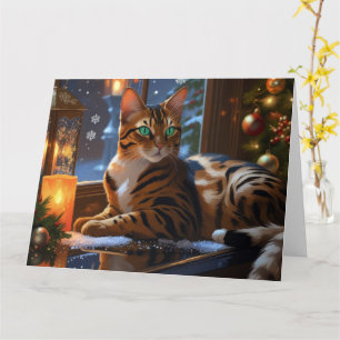 Bengaalse kat met kerstverlichting vakantie kaart