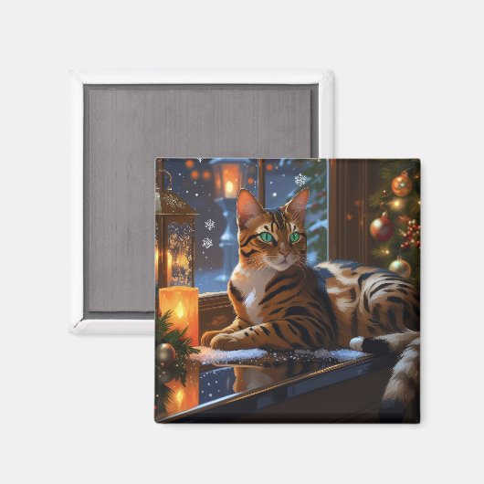 Bengaalse Kat Met Kerstverlichting Vakantie Magneet (Voorkant / Achterkant)