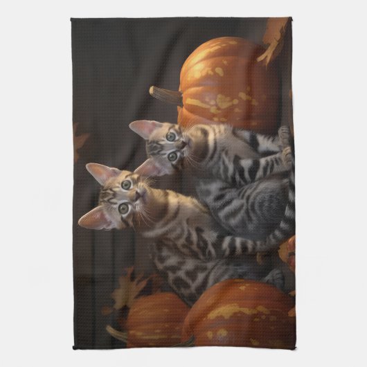 Bengaalse Kitten Herfst Delight Pompoen Theedoek (Verticaal)