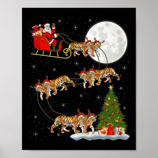 Bengaalse Tijger Kerstman Sleigh Vliegend Grappig Poster (Voorkant)