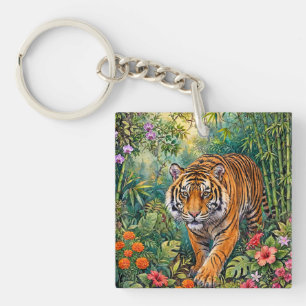Bengaalse Tijger Levendige Bamboe Jungle Sleutelhanger