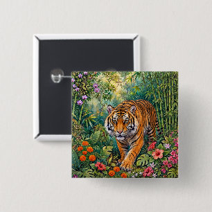 Bengaalse Tijger Levendige Bamboe Jungle Vierkante Button 5,1 Cm