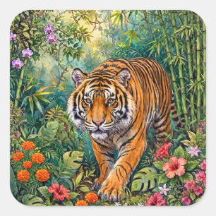 Bengaalse Tijger Levendige Bamboe Jungle Vierkante Sticker