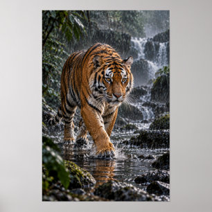 Bengaalse Tijger Loopt Door Regenwoud Water Wild Poster
