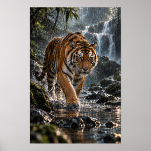 Bengaalse Tijger Loopt Door Regenwoud Water Wild Poster