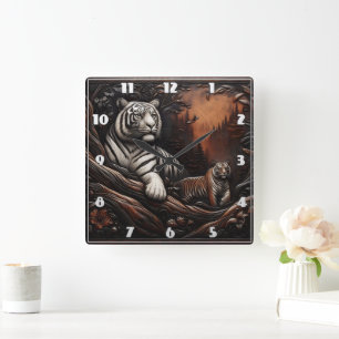 Bengaalse tijgerfamilie tussen bosgebladerte vierkante klok