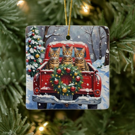 Bengal Cat Christmas Red Truck Holiday Keramisch Ornament (Boom)