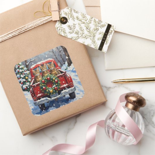 Bengal Cat Christmas Red Truck Holiday Vierkante Sticker (Geschenken)