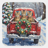 Bengal Cat Christmas Red Truck Holiday Vierkante Sticker (Voorkant)