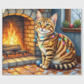 Bengal Cat Fireplace with Christmas Lights Cadeaupapier (Vlak)