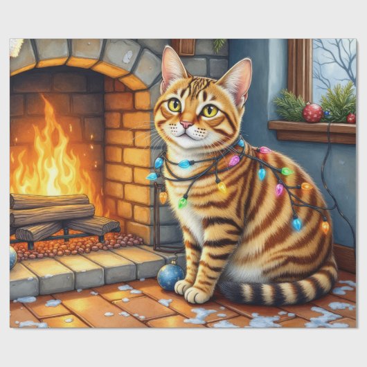 Bengal Cat Fireplace with Christmas Lights Cadeaupapier (Vlak)