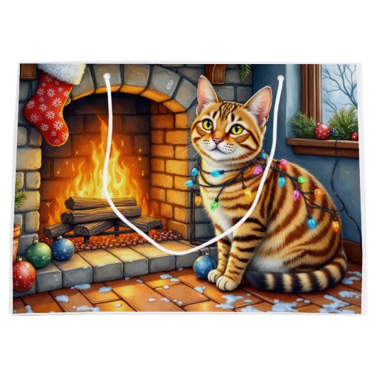 Bengal Cat Fireplace with Christmas Lights Groot Cadeauzakje (Voorkant)