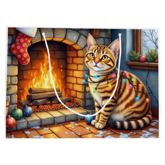 Bengal Cat Fireplace with Christmas Lights Groot Cadeauzakje (Achterkant)