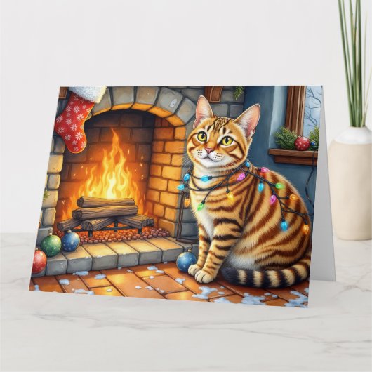 Bengal Cat Fireplace with Christmas Lights Kaart (Voorkant)