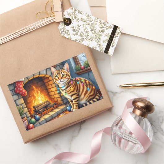 Bengal Cat Fireplace with Christmas Lights Rechthoekige Sticker (Geschenken)