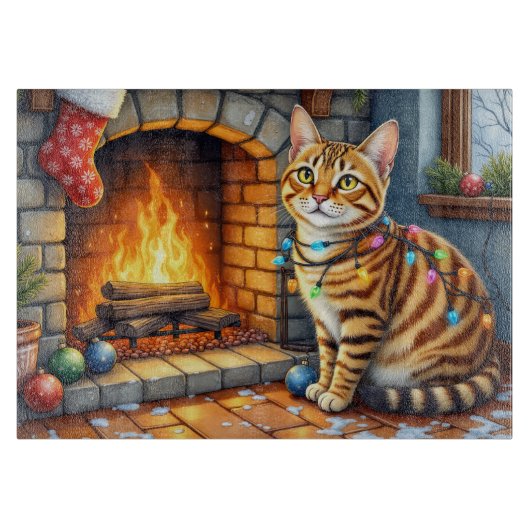 Bengal Cat Fireplace with Christmas Lights Snijplank (Voorkant)