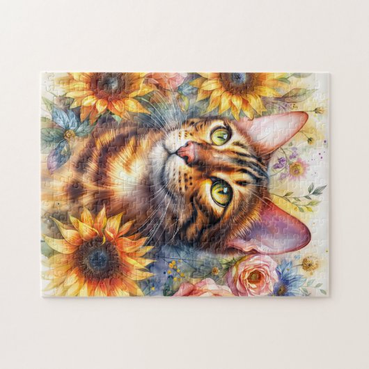 Bengal Cat Floral Watercolor Legpuzzel (Horizontaal)
