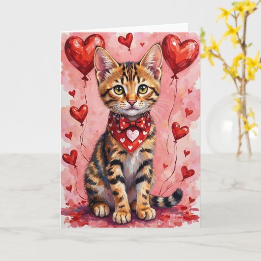 Bengal Cat Valentine Sitting with Hearts Red Kaart (Gele Bloem)