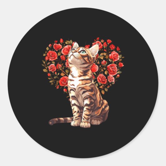 Bengal Cat Valentines Day Floral Heart Design For  Ronde Sticker (Voorkant)