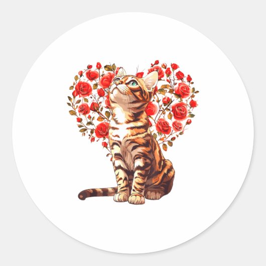 Bengal Cat Valentines Day Floral Heart Design For  Ronde Sticker (Voorkant)