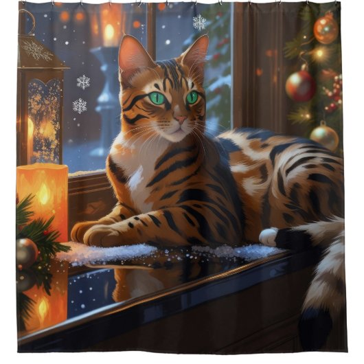 Bengal Cat With Christmas Lights Holiday Douchegordijn (Voorkant)