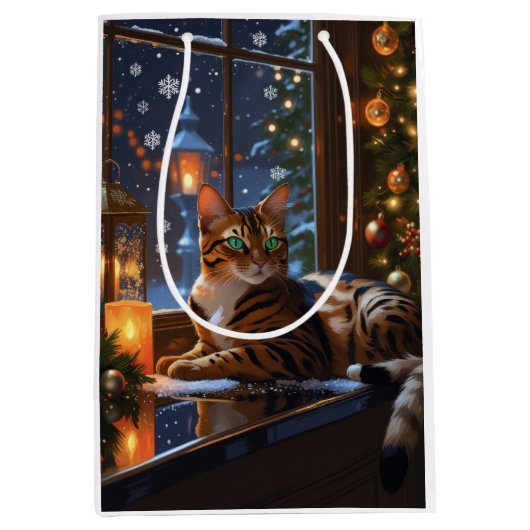 Bengal Cat With Christmas Lights Holiday Medium Cadeauzakje (Voorkant)