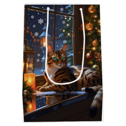 Bengal Cat With Christmas Lights Holiday Medium Cadeauzakje (Achterkant)