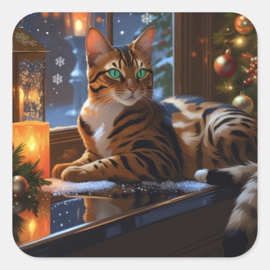 Bengal Cat With Christmas Lights Holiday Vierkante Sticker (Voorkant)