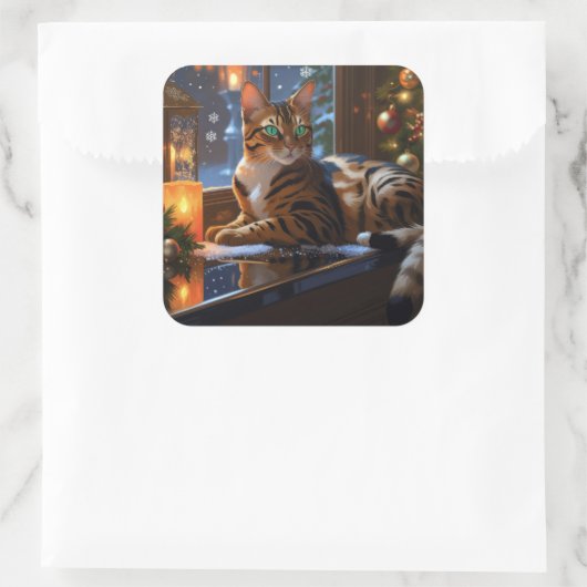 Bengal Cat With Christmas Lights Holiday Vierkante Sticker (Tas)