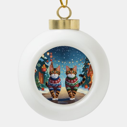 Bengal Cats Christmas Snow Holiday Keramische Bal Ornament (Voorkant)
