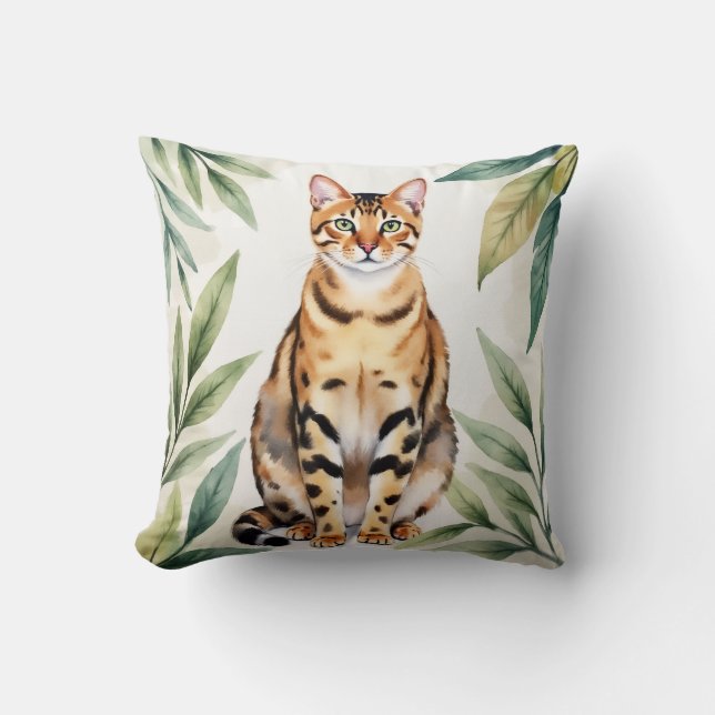 Bengal Kat Aquarel Jungleblad Kunst Kussen (Voorkant)