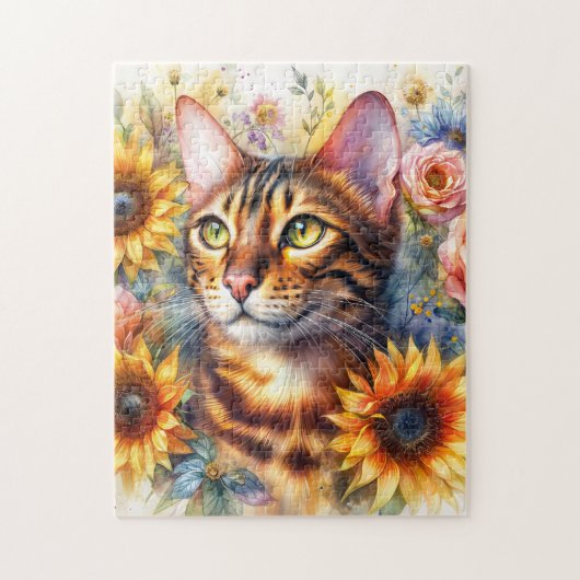 Bengal Kat Bloemenaquarel Legpuzzel (Verticaal)