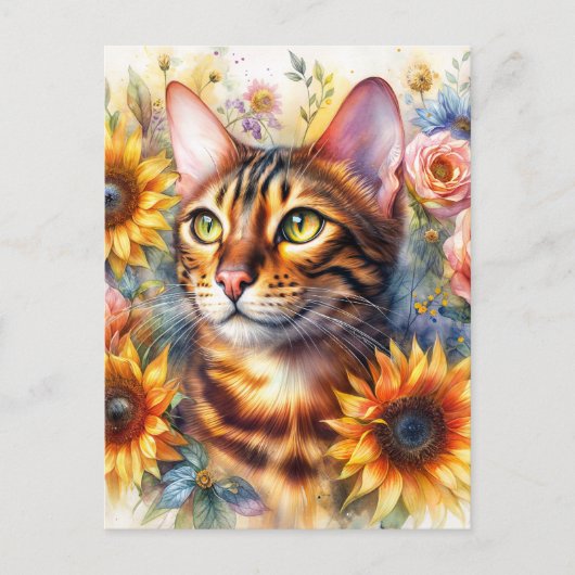 Bengal Kat Bloemportret Kunst Briefkaart (Voorkant)