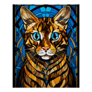 Bengal Kat Gebrandglasstijl met Blauwe Ogen Perfect Poster
