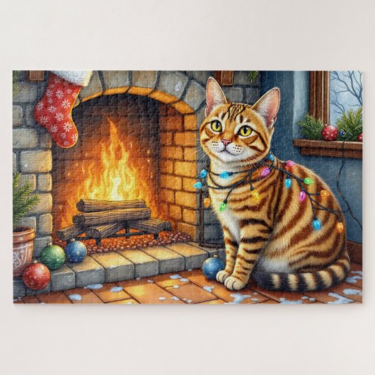 Bengal Kat Haard met Kerstverlichting Legpuzzel (Horizontaal)