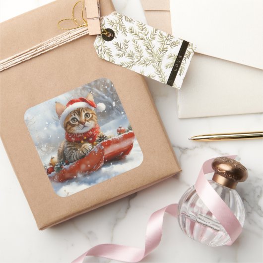 Bengal Kat in slee Let it Snow Kerstmis Vierkante Sticker (Geschenken)