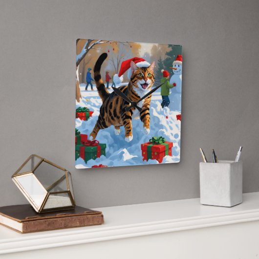 Bengal Kat Kerst Sneeuwscène Vierkante Klok (Kantoor)