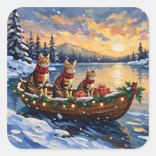 Bengal Kat Kerstboot Vakantie Vierkante Sticker (Voorkant)