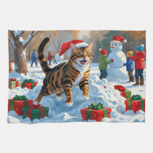 Bengal Kat Kerstmis Festieve Sneeuw Scène Theedoek