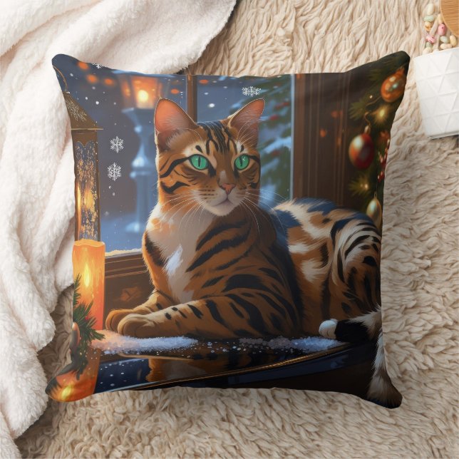 Bengal Kat Met Kerstverlichting Vakantie Kussen (Deken)