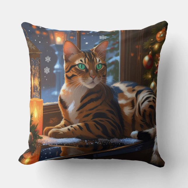 Bengal Kat Met Kerstverlichting Vakantie Kussen (Voorkant)