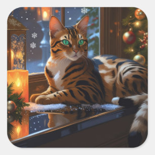 Bengal Kat Met Kerstverlichting Vakantie Vierkante Sticker
