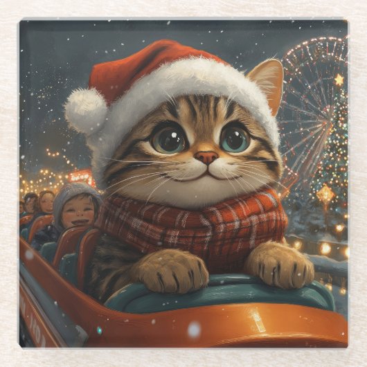 Bengal Kat Roller Coaster Kerstmis Glazen Onderzetter (Voorkant)