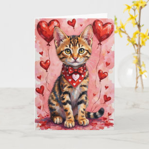 Bengal Kat Valentijn Zittend met Harten Rood Kaart