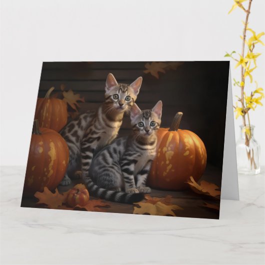 Bengal Kitten Herfst Plezier Pompoen  Kaart (Gele Bloem)
