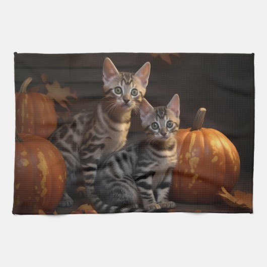 Bengal Kitten Herfst Plezier Pompoen Theedoek (Horizontaal)