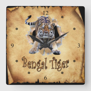 Bengal Tiger Breaks Through Paper Bag Clock! ~ Vierkante Klok