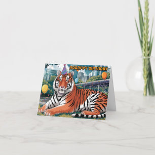 bengal tijger met verjaardagshoedje ligt neer kaart