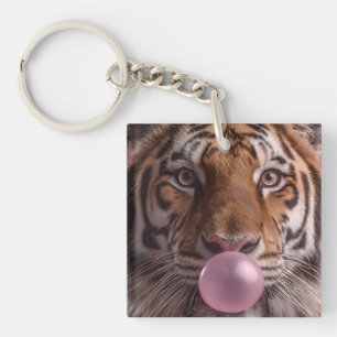 Bengal Tijger Portret Blaast Roze Kauwgom Bubbel Sleutelhanger