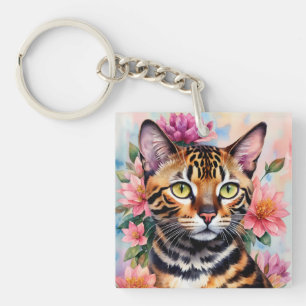 Bengalen Kat Bloemen Waterverf Kunst Sleutelhanger